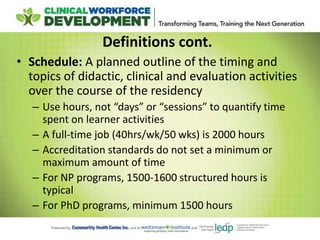 Definitions cont.
• Schedule: A planned outline of the timing and
topics of didactic, clinical and evaluation activities
over the course of the residency
– Use hours, not “days” or “sessions” to quantify time
spent on learner activities
– A full-time job (40hrs/wk/50 wks) is 2000 hours
– Accreditation standards do not set a minimum or
maximum amount of time
– For NP programs, 1500-1600 structured hours is
typical
– For PhD programs, minimum 1500 hours
 