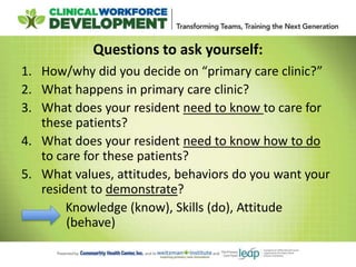 Questions to ask yourself:
1. How/why did you decide on “primary care clinic?”
2. What happens in primary care clinic?
3. What does your resident need to know to care for
these patients?
4. What does your resident need to know how to do
to care for these patients?
5. What values, attitudes, behaviors do you want your
resident to demonstrate?
Knowledge (know), Skills (do), Attitude
(behave)
 