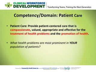 Competency/Domain: Patient Care
• Patient Care: Provide patient-centered care that is
compassionate, valued, appropriate and effective for the
treatment of health problems and the promotion of health.
• What health problems are most prominent in YOUR
population of patients?
 