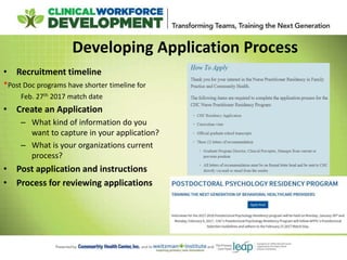 Developing Application Process
• Recruitment timeline
*Post Doc programs have shorter timeline for
Feb. 27th 2017 match date
• Create an Application
– What kind of information do you
want to capture in your application?
– What is your organizations current
process?
• Post application and instructions
• Process for reviewing applications
 