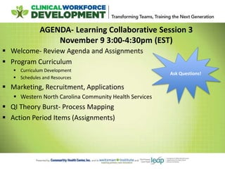 AGENDA- Learning Collaborative Session 3
November 9 3:00-4:30pm (EST)
 Welcome- Review Agenda and Assignments
 Program Curriculum
 Curriculum Development
 Schedules and Resources
 Marketing, Recruitment, Applications
 Western North Carolina Community Health Services
 QI Theory Burst- Process Mapping
 Action Period Items (Assignments)
Ask Questions!
 