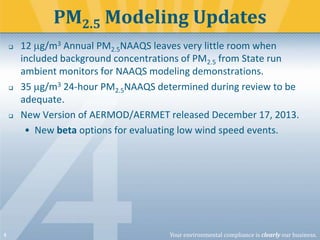 PM2.5 Modeling Updates






4

12 g/m3 Annual PM2.5NAAQS leaves very little room when
included background concentrations of PM2.5 from State run
ambient monitors for NAAQS modeling demonstrations.
35 g/m3 24-hour PM2.5NAAQS determined during review to be
adequate.
New Version of AERMOD/AERMET released December 17, 2013.
• New beta options for evaluating low wind speed events.

Your environmental compliance is clearly our business.

 