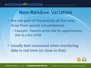 Non-Random Variation
• Are not part of the process all the time.
Arise from special circumstances
– Example: Patients arrive late for appointments
due to a bus strike
• Usually best uncovered when monitoring
data in real time (or close to that)
42
 