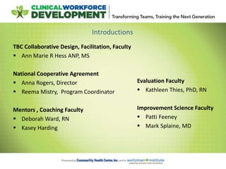 Introductions
TBC Collaborative Design, Facilitation, Faculty
 Ann Marie R Hess ANP, MS
National Cooperative Agreement
 Anna Rogers, Director
 Reema Mistry, Program Coordinator
Mentors , Coaching Faculty
 Deborah Ward, RN
 Kasey Harding
Evaluation Faculty
 Kathleen Thies, PhD, RN
Improvement Science Faculty
 Patti Feeney
 Mark Splaine, MD
 