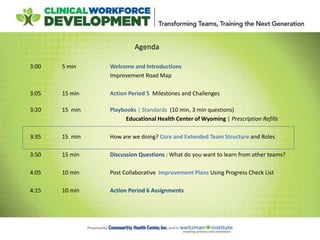 Agenda
3:00 5 min Welcome and Introductions
Improvement Road Map
3:05 15 min Action Period 5 Milestones and Challenges
3:20 15 min Playbooks | Standards (10 min, 3 min questions)
Educational Health Center of Wyoming | Prescription Refills
3:35 15 min How are we doing? Core and Extended Team Structure and Roles
3:50 15 min Discussion Questions : What do you want to learn from other teams?
4:05 10 min Post Collaborative Improvement Plans Using Progress Check List
4:15 10 min Action Period 6 Assignments
 