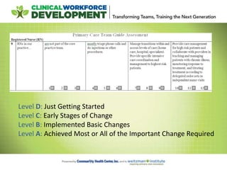 Level D: Just Getting Started
Level C: Early Stages of Change
Level B: Implemented Basic Changes
Level A: Achieved Most or All of the Important Change Required
 