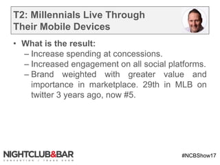 #NCBShow17
T2: Millennials Live Through
Their Mobile Devices
• What is the result:
– Increase spending at concessions.
– Increased engagement on all social platforms.
– Brand weighted with greater value and
importance in marketplace. 29th in MLB on
twitter 3 years ago, now #5.
 