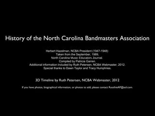History of the North Carolina Bandmasters Association
                          Herbert Hazelman, NCBA President (1947-1948)
                                  Taken from the September, 1989,
                             North Carolina Music Educators Journal.
                                    Compiled by Patricia Garren.
            Additional information included by Ruth Petersen, NCBA Webmaster, 2012.
                        Special thanks to Dawn Taylor and Tracy Humphries.



                 3D Timeline by Ruth Petersen, NCBA Webmaster, 2012
      If you have photos, biographical information, or photos to add, please contact RoothieAP@aol.com.
 