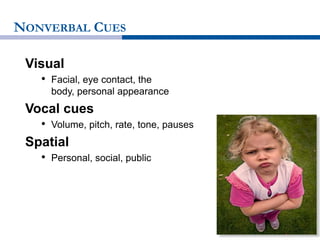 NONVERBAL CUES
Visual
• Facial, eye contact, the
body, personal appearance
Vocal cues
• Volume, pitch, rate, tone, pauses
Spatial
• Personal, social, public
 