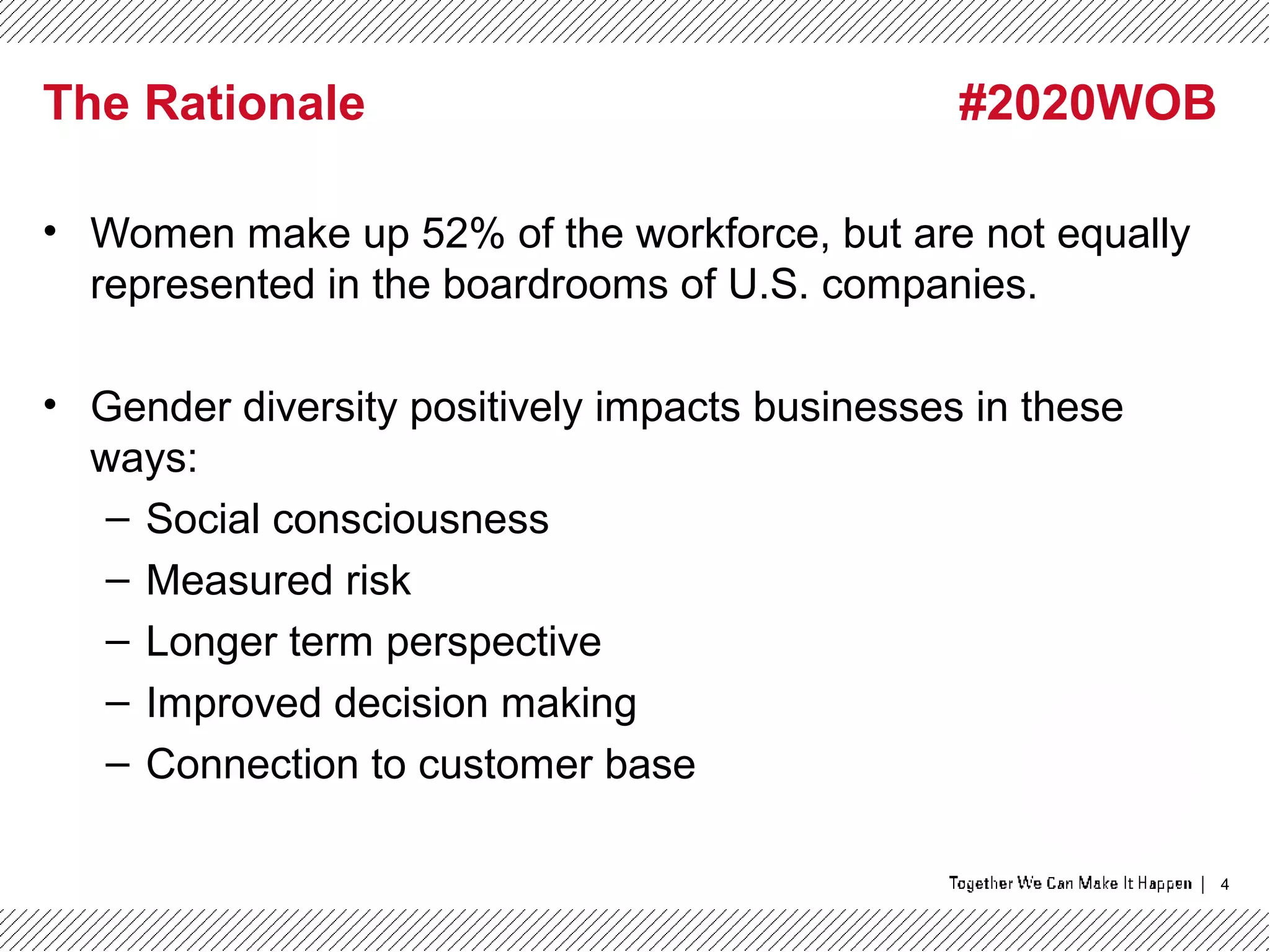 4
The Rationale #2020WOB
• Women make up 52% of the workforce, but are not equally
represented in the boardrooms of U.S. companies.
• Gender diversity positively impacts businesses in these
ways:
– Social consciousness
– Measured risk
– Longer term perspective
– Improved decision making
– Connection to customer base
 
