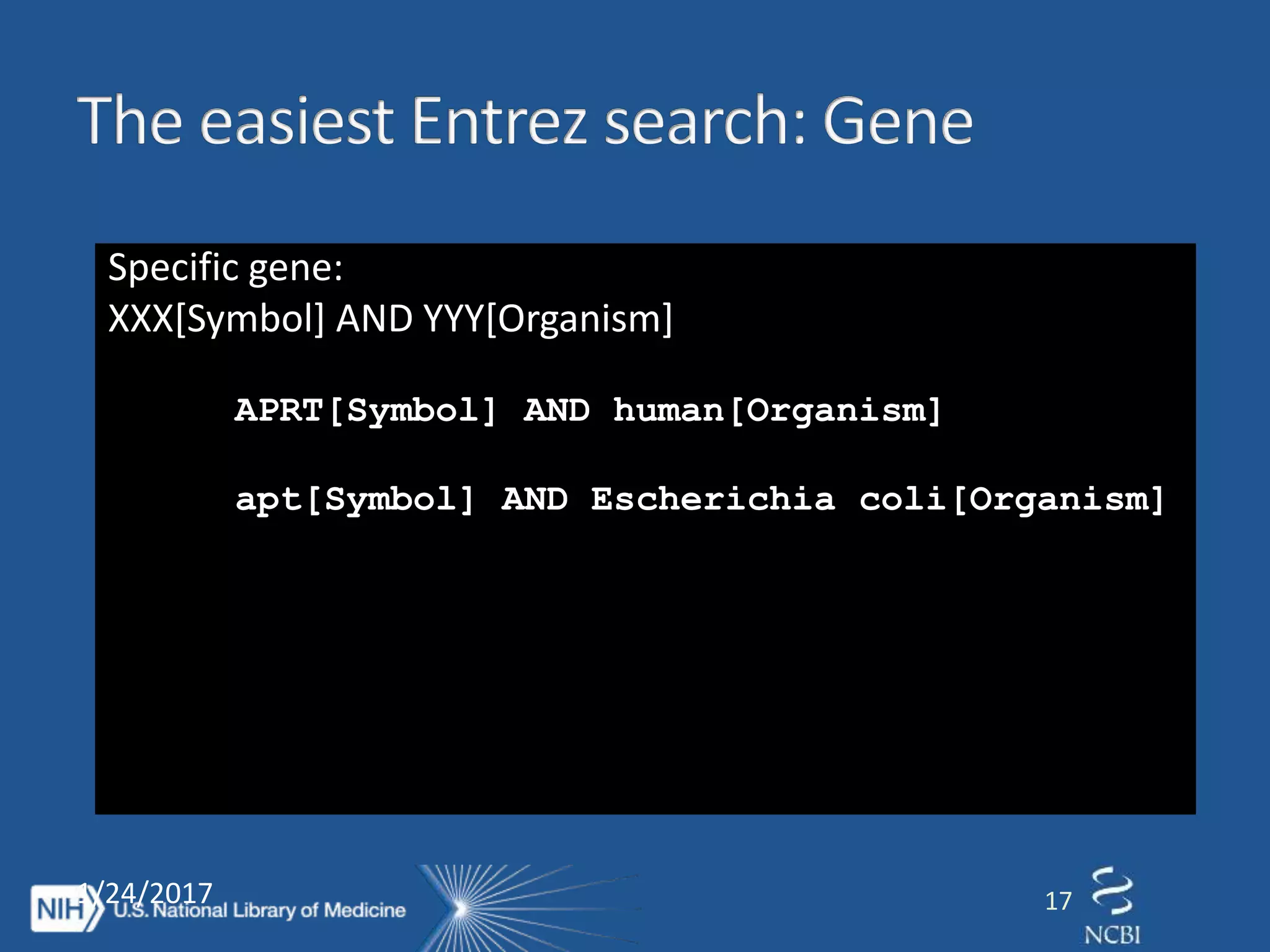 Specific gene:
XXX[Symbol] AND YYY[Organism]
APRT[Symbol] AND human[Organism]
apt[Symbol] AND Escherichia coli[Organism]
All genes:
YYY[Organism] AND current only[Filter]
zebrafish[Organism]AND current
only[Filter]
1/24/2017 17
 