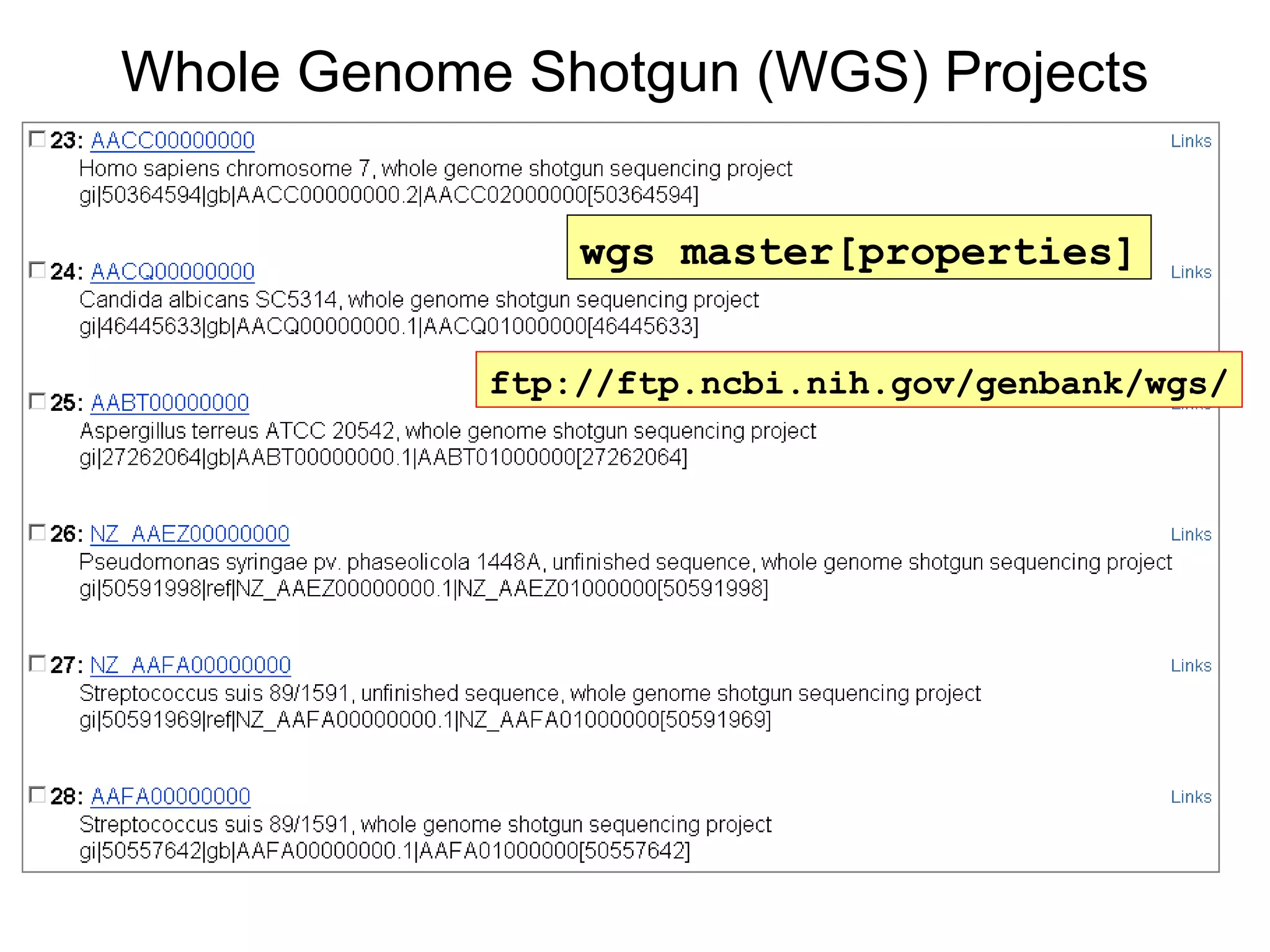 Whole Genome Shotgun (WGS) Projects wgs master[properties] ftp://ftp.ncbi.nih.gov/genbank/wgs/ 