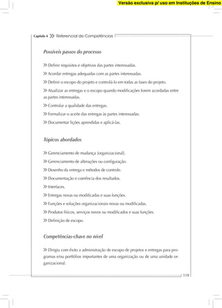 Referencial de Competências
119
Capítulo 4
Possíveis passos do processo
Deﬁnir requisitos e objetivos das partes interessadas.
Acordar entregas adequadas com as partes interessadas.
Deﬁnir o escopo do projeto e controlá-lo em todas as fases do projeto.
Atualizar as entregas e o escopo quando modiﬁcações forem acordadas entre
as partes interessadas.
Controlar a qualidade das entregas.
Formalizar o aceite das entregas às partes interessadas.
Documentar lições aprendidas e aplicá-las.
Tópicos abordados
Gerenciamento de mudança [organizacional].
Gerenciamento de alterações ou conﬁguração.
Desenho da entrega e métodos de controle.
Documentação e coerência dos resultados.
Interfaces.
Entregas novas ou modiﬁcadas e suas funções.
Funções e soluções organizacionais novas ou modiﬁcadas.
Produtos físicos, serviços novos ou modiﬁcados e suas funções.
Deﬁnição de escopo.
Competências-chave no nível
Dirigiu com êxito a administração de escopo de projetos e entregas para pro-
gramas e/ou portfólios importantes de uma organização ou de uma unidade or-
ganizacional.
Versão exclusiva p/ uso em Instituções de Ensino
 
