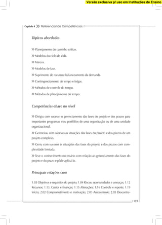 Referencial de Competências
123
Capítulo 4
Tópicos abordados
Planejamento do caminho crítico.
Modelos do ciclo de vida.
Marcos.
Modelos de fase.
Suprimento de recursos: balanceamento da demanda.
Contingenciamento de tempo e folgas.
Métodos de controle do tempo.
Métodos de planejamento do tempo.
Competências-chave no nível
Dirigiu com sucesso o gerenciamento das fases do projeto e dos prazos para
importantes programas e/ou portfólios de uma organização ou de uma unidade
organizacional.
Gerenciou com sucesso as situações das fases do projeto e dos prazos de um
projeto complexo.
Geriu com sucesso as situações das fases do projeto e dos prazos com com-
plexidade limitada.
Teve o conhecimento necessário com relação ao gerenciamento das fases do
projeto e do prazo e pôde aplicá-lo.
Principais relações com
1.03 Objetivos e requisitos do projeto; 1.04 Riscos: oportunidades e ameaças; 1.12
Recursos; 1.13. Custos e ﬁnanças; 1.15 Alterações; 1.16 Controle e reporte; 1.19
Início; 2.02 Comprometimento e motivação; 2.03 Autocontrole; 2.05 Descontra-
Versão exclusiva p/ uso em Instituções de Ensino
 