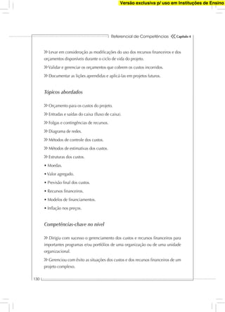 Referencial de Competências
130
Capítulo 4
Levar em consideração as modiﬁcações do uso dos recursos ﬁnanceiros e dos
orçamentos disponíveis durante o ciclo de vida do projeto.
Validar e gerenciar os orçamentos que cobrem os custos incorridos.
Documentar as lições aprendidas e aplicá-las em projetos futuros.
Tópicos abordados
Orçamento para os custos do projeto.
Entradas e saídas do caixa (ﬂuxo de caixa).
Folgas e contingências de recursos.
Diagrama de redes.
Métodos de controle dos custos.
Métodos de estimativas dos custos.
Estruturas dos custos.
Competências-chave no nível
Dirigiu com sucesso o gerenciamento dos custos e recursos ﬁnanceiros para
importantes programas e/ou portfólios de uma organização ou de uma unidade
organizacional.
Gerenciou com êxito as situações dos custos e dos recursos ﬁnanceiros de um
projeto complexo.
Versão exclusiva p/ uso em Instituções de Ensino
 