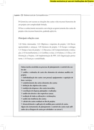 Referencial de Competências
131
Capítulo 4
Gerenciou com sucesso as situações dos custos e dos recursos ﬁnanceiros de
um projeto com complexidade limitada.
Teve o conhecimento necessário com relação ao gerenciamento dos custos do
projeto e dos recursos ﬁnanceiros, podendo aplicá-lo.
Principais relações com
1.02 Partes interessadas; 1.03 Objetivos e requisitos do projeto; 1.04 Riscos:
oportunidades e ameaças; 1.09 Estruturas do projeto; 1.10 Escopo e entregas;
1.11 Tempo e fases do projeto; 1.12 Recursos; 2.02 Comprometimento e motiva-
ção; 2.10 Aconselhamento; 2.12 Conﬂitos e crises; 2.14 Valores; 2.15 Ética; 3.01
Orientação a Projetos; 3.04 Implementação de PPP; 3.05 Organização perma-
nente; 3.10 Finanças e contabilidade.
Outras tarefas envolvidas no processo de planejamento e controle dos cus-
tos são:
análise e estimativa de custo dos elementos da estrutura analítica do
projeto;
individualização dos custos com pessoal, equipamentos e aquisição de
bens e serviços;
estabelecimento dos vários elementos dos custos;
deﬁnição dos objetivos dos custos;
medição das despesas e dos custos incorridos;
conciliação de despesas planejadas e realizadas;
análise dos desvios e das respectivas causas;
avaliação de todas as alterações e reclamações;
análise das tendências dos custos;
cálculo dos custos residuais no ﬁm do projeto;
desenvolvimento e aplicação de medidas para controle de custos.
Alguns dos instrumentos de planejamento e controle dos custos mais utili-
zados são as listagens de custos por atividades e as curvas S.
Versão exclusiva p/ uso em Instituções de Ensino
 