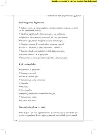 Referencial de Competências
146
Capítulo 4
Possíveis passos do processo
Elaborar o plano de comunicação no início do projeto ou programa, ou como
um dos processos do portfólio.
Identiﬁcar o público alvo da comunicação e sua localização.
Determinar o que necessita ser comunicado e em qual contexto.
Escolher lugar, tempo, duração e meios de comunicação.
Planejar o processo de comunicação e preparar o material.
Veriﬁcar a infraestrutura e enviar/transmitir a informação.
Buscar feedback em relação à efetividade da comunicação;
Avaliar e executar a ação apropriada.
Documentar as lições aprendidas e aplicá-las a futuros projetos.
Tópicos abordados
Comunicação apropriada.
Linguagem corporal.
Plano de comunicação.
Comunicação formal e informal.
Ouvindo.
Reuniões.
Apresentações.
Segurança e conﬁdencialidade da informação.
Comunicação verbal.
Comunicação escrita.
Competências-chave no nível
Ter dirigido com êxito o gerenciamento da comunicação de importantes pro-
gramas e/ou portfólios de uma organização ou de uma unidade organizacional.
Versão exclusiva p/ uso em Instituções de Ensino
 