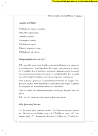 Referencial de Competências
164
Capítulo 4
Tópicos abordados
Atitude com relação ao trabalho.
Equilíbrio e prioridades.
Modelos mentais.
Autogerenciamento.
Trabalho em equipe.
Gerenciamento do tempo.
Trabalhando sob estresse.
Competências-chave no nível
Ter praticado, gerenciado e dirigido o autocontrole eﬁcientemente com os ge-
rentes do programa e do projeto, dentro do contexto e da organização permanen-
te. O candidato deve ter dirigido os gerentes do (sub)programa e/ou do projeto
em seus desenvolvimentos do autocontrole. O candidato também deve ter estado
envolvido na implementação do autocontrole em projetos ou programas.
Ter praticado e gerenciado o autocontrole eﬁcientemente em situações com-
plexas do projeto e dentro do contexto. O candidato deve ter dirigido os gerentes
do (sub)projeto em seus desenvolvimentos do autocontrole.
Ter praticado o autocontrole eﬁcientemente em situações do projeto não com-
plexas.
Ter o conhecimento necessário com relação ao autocontrole.
Principais relações com
1.01 Sucesso no gerenciamento do projeto; 1.03 Objetivos e requisitos do proje-
to; 1.04 Riscos: oportunidades e ameaças; 1.07 Trabalho em equipe; 1.09 Estru-
turas do projeto; 1.11 Tempo e fases do projeto; 1.12 Recursos; 1.15 Alterações;
Versão exclusiva p/ uso em Instituções de Ensino
 