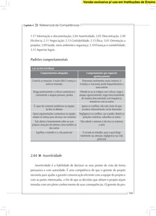 Referencial de Competências
165
Capítulo 4
1.17 Informação e documentação; 2.04 Assertividade; 2.05 Descontração; 2.09
Eﬁciência; 2.11 Negociação; 2.13 Conﬁabilidade; 2.15 Ética; 3.01 Orientação a
projetos; 3.09 Saúde, meio ambiente e segurança; 3.10 Finanças e contabilidade;
3.11 Aspectos legais.
Padrões comportamentais
2.03 AUTOCONTROLE
Comportamentos adequados Comportamentos que requerem
aperfeiçoamento
Controla as emoções; é muito difícil começar a
sentir-se frustrado.
Demonstra sentimentos muito instáveis; é
irritadiço e irracional; perde frequentemente o
autocontrole
Reage positivamente a críticas construtivas e
calmamente a ataques pessoais; perdoa
Ofende-se ou se indigna com críticas; reage a
ataques agressivamente; reage emocionalmente
de maneira descontrolada com frequência;
ressente-se com os outros
É capaz de comentar problemas na equipe;
facilita os debates
Ignora os conﬂitos; não está ciente do que
acontece informalmente; incita dissensões
Apoia argumentações construtivas na equipe;
sempre se esforça para alcançar um consenso
Negligencia os conﬂitos, usa o poder, destrói as
posições contrárias, subordina os outros
Fala aberta e honestamente sobre as suas
próprias situações de estresse como também as
dos outros
Não admite o estresse e não leva os sintomas
a sério
Equilibra o trabalho e a vida particular É viciado no trabalho, para o qual dirige
totalmente sua atenção; negligencia sua vida
particular
2.04 Assertividade
Assertividade é a habilidade de declarar os seus pontos de vista de forma
persuasiva e com autoridade. É uma competência de que o gerente do projeto
necessita para ajudar a garantir comunicação eﬁciente com a equipe do projeto e
com as partes interessadas, a ﬁm de que as decisões que afetam o projeto sejam
tomadas com um pleno conhecimento de suas consequências. O gerente do pro-
Versão exclusiva p/ uso em Instituções de Ensino
 