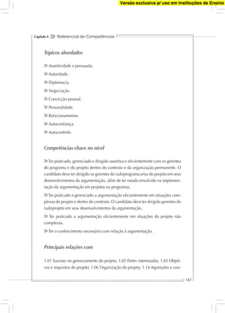 Referencial de Competências
167
Capítulo 4
Tópicos abordados
Assertividade e persuasão.
Autoridade.
Diplomacia.
Negociação.
Convicção pessoal.
Personalidade.
Relacionamentos.
Autoconﬁança.
Autocontrole.
Competências-chave no nível
Ter praticado, gerenciado e dirigido assertiva e eﬁcientemente com os gerentes
do programa e do projeto dentro do contexto e da organização permanente. O
candidato deve ter dirigido os gerentes do (sub)programa e/ou do projeto em seus
desenvolvimentos da argumentação, além de ter estado envolvido na implemen-
tação da argumentação em projetos ou programas.
Ter praticado e gerenciado a argumentação eﬁcientemente em situações com-
plexas do projeto e dentro do contexto. O candidato deve ter dirigido gerentes do
(sub)projeto em seus desenvolvimentos da argumentação.
Ter praticado a argumentação eﬁcientemente em situações do projeto não
complexas.
Ter o conhecimento necessário com relação à argumentação.
Principais relações com
1.01 Sucesso no gerenciamento do projeto; 1.02 Partes interessadas; 1.03 Objeti-
vos e requisitos do projeto; 1.06 Organização do projeto; 1.14 Aquisições e con-
Versão exclusiva p/ uso em Instituções de Ensino
 