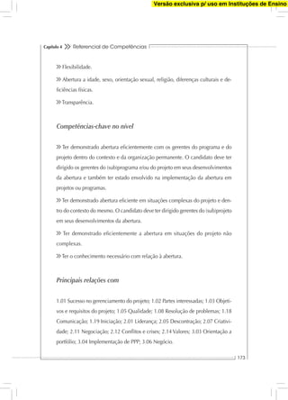 Referencial de Competências
173
Capítulo 4
Flexibilidade.
Abertura a idade, sexo, orientação sexual, religião, diferenças culturais e de-
ﬁciências físicas.
Transparência.
Competências-chave no nível
Ter demonstrado abertura eﬁcientemente com os gerentes do programa e do
projeto dentro do contexto e da organização permanente. O candidato deve ter
dirigido os gerentes do (sub)programa e/ou do projeto em seus desenvolvimentos
da abertura e também ter estado envolvido na implementação da abertura em
projetos ou programas.
Ter demonstrado abertura eﬁciente em situações complexas do projeto e den-
tro do contexto do mesmo. O candidato deve ter dirigido gerentes do (sub)projeto
em seus desenvolvimentos da abertura.
Ter demonstrado eﬁcientemente a abertura em situações do projeto não
complexas.
Ter o conhecimento necessário com relação à abertura.
Principais relações com
1.01 Sucesso no gerenciamento do projeto; 1.02 Partes interessadas; 1.03 Objeti-
vos e requisitos do projeto; 1.05 Qualidade; 1.08 Resolução de problemas; 1.18
Comunicação; 1.19 Iniciação; 2.01 Liderança; 2.05 Descontração; 2.07 Criativi-
dade; 2.11 Negociação; 2.12 Conﬂitos e crises; 2.14 Valores; 3.03 Orientação a
portfólio; 3.04 Implementação de PPP; 3.06 Negócio.
Versão exclusiva p/ uso em Instituções de Ensino
 