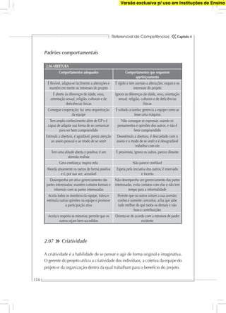 Referencial de Competências
174
Capítulo 4
Padrões comportamentais
2.06 ABERTURA
Comportamentos adequados Comportamentos que requerem
aperfeiçoamento
É ﬂexível, adapta-se facilmente a alterações e
mantém em mente os interesses do projeto
É rígido e tem aversão a alterações; esquece os
interesses do projeto
É aberto às diferenças de idade, sexo,
orientação sexual, religião, culturais e de
deﬁciências físicas
Ignora as diferenças de idade, sexo, orientação
sexual, religião, culturais e de deﬁciências
físicas
Consegue cooperação; faz uma orquestração
da equipe
É voltado a tarefas; gerencia a equipe como se
fosse uma máquina
Tem amplo conhecimento além de GP e é
capaz de adaptar sua forma de se comunicar
para ser bem compreendido
Não consegue se expressar, usando os
pensamentos e opiniões dos outros, e não é
bem compreendido
Estimula a abertura, é agradável, presta atenção
ao asseio pessoal e ao modo de se vestir
Desestimula a abertura, é descuidado com o
asseio e o modo de se vestir e é desagradável
trabalhar com ele
Tem uma atitude aberta e positiva; é um
otimista realista
É pessimista, ignora os outros, parece distante
Gera conﬁança; inspira zelo Não parece conﬁável
Aborda ativamente os outros de forma positiva
e é, por sua vez, acessível
Espera pela iniciativa dos outros; é reservado
e incerto
Desempenha um ativo gerenciamento das
partes interessadas; mantém contatos formais e
informais com as partes interessadas
Não desempenha um gerenciamento das partes
interessadas, evita contatos com elas e não tem
tempo para a informalidade
Aceita todos os membros da equipe, tolera e
estimula outras opiniões na equipe e promove
a participação ativa
Permite que os outros sintam a sua aversão;
conhece somente conceitos; acha que sabe
tudo melhor do que todos os demais e não
busca contribuições
Aceita e respeita as minorias; permite que os
outros sejam bem-sucedidos
Orienta-se de acordo com a estrutura de poder
existente
2.07 Criatividade
A criatividade é a habilidade de se pensar e agir de forma original e imaginativa.
O gerente do projeto utiliza a criatividade dos indivíduos, a coletiva da equipe do
projeto e da organização dentro da qual trabalham para o benefício do projeto.
Versão exclusiva p/ uso em Instituções de Ensino
 
