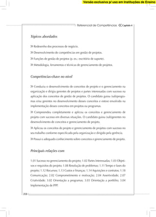 Referencial de Competências
208
Capítulo 4
Tópicos abordados
Redesenho dos processos de negócio.
Desenvolvimento de competências em gestão de projetos.
Funções de gestão de projetos (p. ex.: escritório de suporte).
Metodologia, ferramentas e técnicas de gerenciamento de projetos.
Competências-chave no nível
Conduziu o desenvolvimento de conceitos de projeto e o gerenciamento na
organização e dirigiu gerentes de projetos e partes interessadas com sucesso na
aplicação dos conceitos de gestão de projetos. O candidato guiou (sub)progra-
mas e/ou gerentes no desenvolvimento desses conceitos e esteve envolvido na
implementação desses conceitos em projetos ou programas.
Compreendeu completamente e aplicou os conceitos e gerenciamento de
projeto com sucesso em diversas situações. O candidato guiou (sub)gerentes no
desenvolvimento de conceitos e gerenciamento de projeto.
Aplicou os conceitos de projeto e gerenciamento de projetos com sucesso no
seu trabalho conforme especiﬁcado pela organização e dirigido pela gerência.
Possui o adequado conhecimento sobre conceitos e gerenciamento de projeto.
Principais relações com
1.01 Sucesso no gerenciamento do projeto; 1.02 Partes Interessadas; 1.03 Objeti-
vos e requisitos do projeto; 1.08 Resolução de problemas; 1.11 Tempo e fases do
projeto; 1.12 Recursos; 1.13 Custos e ﬁnanças; 1.14 Aquisições e contratos; 1.18
Comunicação; 2.02 Comprometimento e motivação; 2.04 Assertividade; 2.07
Criatividade; 3.02 Orientação a programas; 3.03 Orientação a portfólio; 3.04
Implementação de PPP.
Versão exclusiva p/ uso em Instituções de Ensino
 