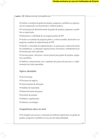 Referencial de Competências
217
Capítulo 4
Analisar a condição da gestão de projetos, programas e portfólios na organiza-
ção em comparação com benchmarks e melhores práticas.
Conceituação de desenvolvimento de gestão de projetos, programas e portfó-
lios na organização.
Demonstrar a viabilidade de um programa piloto de PPP.
Avaliar os resultados do programa piloto e, se bem-sucedido, desenvolver um
programa completo de implementação de PPP.
Decidir a velocidade de implementação e os passos para o desenvolvimento
de competências, as alterações organizacionais necessárias e métodos/técnicas/
ferramentas que serão aplicados.
Executar passos, selecionar e treinar pessoal para gestão de projetos, progra-
mas e portfólios.
Melhorar continuamente com a repetição dos passos do processo e a imple-
mentação das lições aprendidas.
Tópicos abordados
Benchmarking.
Processos de negócio.
Gerenciamento de alterações.
Modelos de maturidade.
Desenvolvimento de pessoa.
Escritório de projetos.
Padrões e regulamentos.
Sistemas e tecnologias.
Competências-chave no nível
Ter dirigido com sucesso a realização de melhorias signiﬁcativas na gestão de
projetos, programas e portfólios em sua área de responsabilidade.
Versão exclusiva p/ uso em Instituções de Ensino
 