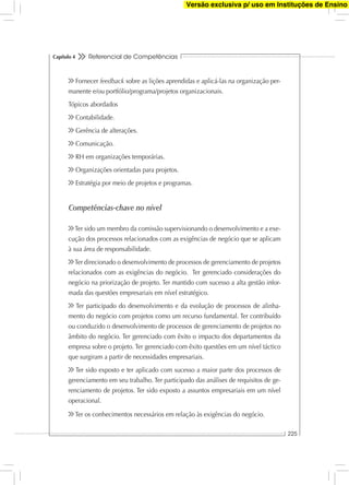 Referencial de Competências
225
Capítulo 4
Fornecer feedback sobre as lições aprendidas e aplicá-las na organização per-
manente e/ou portfólio/programa/projetos organizacionais.
Tópicos abordados
Contabilidade.
Gerência de alterações.
Comunicação.
RH em organizações temporárias.
Organizações orientadas para projetos.
Estratégia por meio de projetos e programas.
Competências-chave no nível
Ter sido um membro da comissão supervisionando o desenvolvimento e a exe-
cução dos processos relacionados com as exigências de negócio que se aplicam
à sua área de responsabilidade.
Ter direcionado o desenvolvimento de processos de gerenciamento de projetos
relacionados com as exigências do negócio. Ter gerenciado considerações do
negócio na priorização de projeto. Ter mantido com sucesso a alta gestão infor-
mada das questões empresariais em nível estratégico.
Ter participado do desenvolvimento e da evolução de processos de alinha-
mento do negócio com projetos como um recurso fundamental. Ter contribuído
ou conduzido o desenvolvimento de processos de gerenciamento de projetos no
âmbito do negócio. Ter gerenciado com êxito o impacto dos departamentos da
empresa sobre o projeto. Ter gerenciado com êxito questões em um nível táctico
que surgiram a partir de necessidades empresariais.
Ter sido exposto e ter aplicado com sucesso a maior parte dos processos de
gerenciamento em seu trabalho. Ter participado das análises de requisitos de ge-
renciamento de projetos. Ter sido exposto a assuntos empresariais em um nível
operacional.
Ter os conhecimentos necessários em relação às exigências do negócio.
Versão exclusiva p/ uso em Instituções de Ensino
 