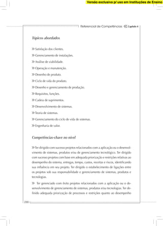 Referencial de Competências
230
Capítulo 4
Tópicos abordados
Satisfação dos clientes.
Gerenciamento de instalações.
Análise de viabilidade.
Operação e manutenção.
Desenho de produto.
Ciclo de vida do produto.
Desenho e gerenciamento de produção.
Requisitos, funções.
Cadeia de suprimentos.
Desenvolvimento de sistemas.
Teoria de sistemas.
Gerenciamento do ciclo de vida de sistemas.
Engenharia de valor.
Competências-chave no nível
Ter dirigido com sucesso projetos relacionados com a aplicação ou o desenvol-
vimento de sistemas, produtos e/ou de gerenciamento tecnológico. Ter dirigido
com sucesso projetos com base em adequada priorização e restrições relativas ao
desempenho do sistema, entregas, tempo, custos, receitas e riscos, identiﬁcando
sua inﬂuência em seu projeto. Ter dirigido o estabelecimento de ligações entre
os projetos sob sua responsabilidade e gerenciamento de sistemas, produtos e
tecnologias.
Ter gerenciado com êxito projetos relacionados com a aplicação ou o de-
senvolvimento de gerenciamento de sistemas, produtos e/ou tecnologias. Ter de-
ﬁnido adequada priorização de processos e restrições quanto ao desempenho
Versão exclusiva p/ uso em Instituções de Ensino
 