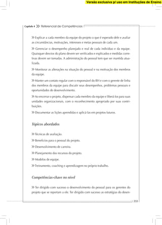 Referencial de Competências
233
Capítulo 4
Explicar a cada membro da equipe do projeto o que é esperado dele e avaliar
as circunstâncias, motivações, interesses e metas pessoais de cada um.
Gerenciar o desempenho planejado e real de cada indivíduo e da equipe.
Quaisquer desvios do plano devem ser veriﬁcados e explicados e medidas corre-
tivas devem ser tomadas. A administração do pessoal tem que ser mantida atua-
lizada.
Monitorar as alterações na situação do pessoal e na motivação dos membros
da equipe.
Manter um contato regular com o responsável do RH e com o gerente de linha
dos membros da equipe para discutir seus desempenhos, problemas pessoais e
oportunidades de desenvolvimento.
Ao encerrar o projeto, dispensar cada membro da equipe e liberá-los para suas
unidades organizacionais, com o reconhecimento apropriado por suas contri-
buições.
Documentar as lições aprendidas e aplicá-las em projetos futuros.
Tópicos abordados
Técnicas de avaliação.
Benefícios para o pessoal do projeto.
Desenvolvimento de carreira.
Planejamento dos recursos do projeto.
Modelos de equipe.
Treinamento, coaching e aprendizagem no próprio trabalho.
Competências-chave no nível
Ter dirigido com sucesso o desenvolvimento do pessoal para os gerentes do
projeto que se reportam a ele. Ter dirigido com sucesso as estratégias do desen-
Versão exclusiva p/ uso em Instituções de Ensino
 