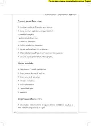 Referencial de Competências
240
Capítulo 4
Possíveis passos do processo
Identiﬁcar o ambiente ﬁnanceiro para o projeto.
Aplicar diretrizes organizacionais para se deﬁnir:
– o modelo de negócio;
– a administração ﬁnanceira;
– os relatórios ﬁnanceiros.
Produzir os relatórios ﬁnanceiros.
Agendar auditoria ﬁnanceira, se aplicável.
Obter os fechamentos ﬁnanceiros no encerramento do projeto.
Aplicar as lições aprendidas em futuros projetos.
Tópicos abordados
Planejamento e controle orçamentário.
Gerenciamento do caso de negócio.
Gerenciamento de alterações.
Mercados ﬁnanceiros.
Modelos ﬁnanceiros.
Contabilidade geral.
Tesouraria.
Competências-chave no nível
Ter dirigido o estabelecimento de ligações entre o contexto do projeto e as
áreas ﬁnanceira e legal da organização.
Versão exclusiva p/ uso em Instituções de Ensino
 