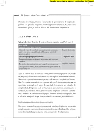 Referencial de Competências
55
Capítulo 3
muitos dos métodos, técnicas e ferramentas de gerenciamento de projetos dis-
poníveis são aplicados no gerenciamento de projetos complexos. Na prática isso
representa a aplicação de mais de 60% dos elementos de competência.
3.1.2 IPMA Level B
Todos os critérios estão relacionados com o gerenciamento de projetos. Um projeto
de pesquisa pode ser um trabalho desaﬁador e complexo em termos de conteúdo.
No entanto o gerenciamento deste projeto pode ter uma complexidade limitada.
Não é necessário ou suﬁciente que o projeto seja grande (em termos de escopo ou
custo) para ser complexo. A ordem de magnitude é meramente um indicador de
complexidade. Um projeto pode ter natureza de gerenciamento complexo, mas o
candidato, na realidade, não o gerenciou como um projeto complexo. Desta for-
ma, a evidência de complexidade do projeto, fornecida no relatório de projeto, não
é suﬁciente para justiﬁcar que lhe seja atribuída uma certiﬁcação IPMA Level B.
Explicações especíﬁcas dos critérios enunciados:
o gerenciamento de um grande número de interfaces é típico em um projeto
complexo, assim como um número de subprojetos que não são geridos pelo ge-
rente sênior de todo o projeto, mas pelos seus gerentes de subprojetos;
IPMA Level B
Gerente de Projetos Sênior Certiﬁcado
Mínimo de 5 anos de experiência no gerenciamento de projetos, dos
quais 3 anos com a responsabilidade de liderança na gerência de
projetos complexos
Requisito de admissão
Capacidade para gerir projetos complexos Competência-chave
É responsável por todos os elementos de competência de um projeto
complexo
Requisitos adicionaisTem funções de gerenciamento de uma equipe de projeto numerosa
Utiliza processos, métodos, técnicas e ferramentas de gerenciamento de
projetos adequados
Tabela 3.2 – Papel do gestor de projeto sênior e requisitos para IPMA nível B
Versão exclusiva p/ uso em Instituções de Ensino
 