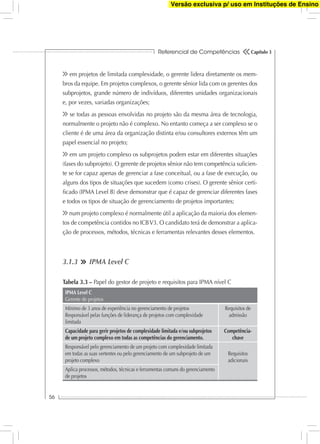 Referencial de Competências
56
Capítulo 3
em projetos de limitada complexidade, o gerente lidera diretamente os mem-
bros da equipe. Em projetos complexos, o gerente sênior lida com os gerentes dos
subprojetos, grande número de indivíduos, diferentes unidades organizacionais
e, por vezes, variadas organizações;
se todas as pessoas envolvidas no projeto são da mesma área de tecnologia,
normalmente o projeto não é complexo. No entanto começa a ser complexo se o
cliente é de uma área da organização distinta e/ou consultores externos têm um
papel essencial no projeto;
em um projeto complexo os subprojetos podem estar em diferentes situações
(fases do subprojeto). O gerente de projetos sênior não tem competência suﬁcien-
te se for capaz apenas de gerenciar a fase conceitual, ou a fase de execução, ou
alguns dos tipos de situações que sucedem (como crises). O gerente sênior certi-
ﬁcado (IPMA Level B) deve demonstrar que é capaz de gerenciar diferentes fases
e todos os tipos de situação de gerenciamento de projetos importantes;
num projeto complexo é normalmente útil a aplicação da maioria dos elemen-
tos de competência contidos no ICBV3. O candidato terá de demonstrar a aplica-
ção de processos, métodos, técnicas e ferramentas relevantes desses elementos.
3.1.3 IPMA Level C
IPMA Level C
Gerente de projetos
Mínimo de 3 anos de experiência no gerenciamento de projetos
Responsável pelas funções de liderança de projetos com complexidade
limitada
Requisitos de
admissão
Capacidade para gerir projetos de complexidade limitada e/ou subprojetos
de um projeto complexo em todas as competências do gerenciamento.
Competência-
chave
Responsável pelo gerenciamento de um projeto com complexidade limitada
em todas as suas vertentes ou pelo gerenciamento de um subprojeto de um
projeto complexo
Requisitos
adicionais
Aplica processos, métodos, técnicas e ferramentas comuns do gerenciamento
de projetos
Tabela 3.3 – Papel do gestor de projeto e requisitos para IPMA nível C
Versão exclusiva p/ uso em Instituções de Ensino
 