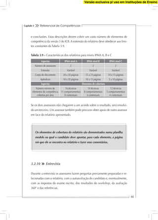 Referencial de Competências
65
Capítulo 3
e conclusões. Estas descrições devem cobrir um vasto número de elementos de
competência da versão 3 do ICB. A extensão do relatório deve obedecer aos limi-
tes constantes da Tabela 3.9.
Tabela 3.9 – Características dos relatórios para níveis IPMA A, B e C
Aspectos IPMA nível A IPMA nível B IPMA nível C
Número de assessores 2 2 2
Extensão Variável Variável Variável
Corpo do documento 20 a 30 páginas 15 a 25 páginas 10 a 15 páginas
Apêndices 10 a 20 páginas 10 a 15 páginas 5 a 10 páginas
Aspectos Elementos de cobertura
Número mínimo de
elementos de competência
cobertos por área
16 técnicos
11 comportamentais
8 contextuais
14 técnicos
8 comportamentais
6 contextuais
12 técnicos
5 comportamentais
4 contextuais
Se os dois assessores não chegarem a um acordo sobre o resultado, será envolvi-
do um terceiro. Um assessor também pode procurar obter apoio de outro assessor
em face do relatório apresentado.
3.2.10 Entrevista
Durante a entrevista os assessores fazem perguntas previamente preparadas e re-
lacionadas com o relatório, com a autoavaliação do candidato e, eventualmente,
com as respostas do exame escrito, dos resultados do workshop, da avaliação
360° e das referências.
Os elementos de cobertura do relatório são demonstrados numa planilha
modelo na qual o candidato deve apontar, para cada elemento, a página
em que ele se encontra no relatório e fazer seus comentários.
Versão exclusiva p/ uso em Instituções de Ensino
 
