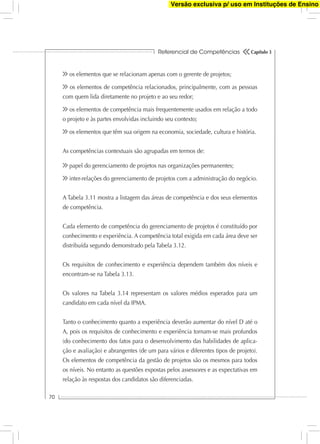 Referencial de Competências
70
Capítulo 3
os elementos que se relacionam apenas com o gerente de projetos;
os elementos de competência relacionados, principalmente, com as pessoas
com quem lida diretamente no projeto e ao seu redor;
os elementos de competência mais frequentemente usados em relação a todo
o projeto e às partes envolvidas incluindo seu contexto;
os elementos que têm sua origem na economia, sociedade, cultura e história.
As competências contextuais são agrupadas em termos de:
papel do gerenciamento de projetos nas organizações permanentes;
inter-relações do gerenciamento de projetos com a administração do negócio.
A Tabela 3.11 mostra a listagem das áreas de competência e dos seus elementos
de competência.
Cada elemento de competência do gerenciamento de projetos é constituído por
conhecimento e experiência. A competência total exigida em cada área deve ser
distribuída segundo demonstrado pela Tabela 3.12.
Os requisitos de conhecimento e experiência dependem também dos níveis e
encontram-se na Tabela 3.13.
Os valores na Tabela 3.14 representam os valores médios esperados para um
candidato em cada nível da IPMA.
Tanto o conhecimento quanto a experiência deverão aumentar do nível D até o
A, pois os requisitos de conhecimento e experiência tornam-se mais profundos
(do conhecimento dos fatos para o desenvolvimento das habilidades de aplica-
ção e avaliação) e abrangentes (de um para vários e diferentes tipos de projeto).
Os elementos de competência da gestão de projetos são os mesmos para todos
os níveis. No entanto as questões expostas pelos assessores e as expectativas em
relação às respostas dos candidatos são diferenciadas.
Versão exclusiva p/ uso em Instituções de Ensino
 