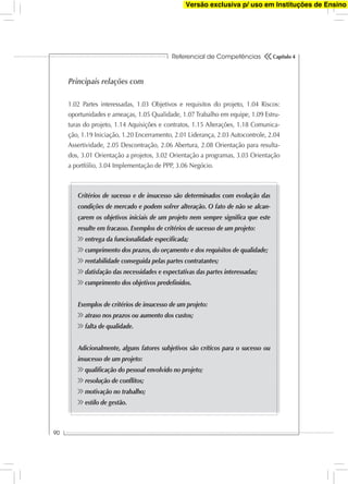 Referencial de Competências
90
Capítulo 4
Principais relações com
1.02 Partes interessadas, 1.03 Objetivos e requisitos do projeto, 1.04 Riscos:
oportunidades e ameaças, 1.05 Qualidade, 1.07 Trabalho em equipe, 1.09 Estru-
turas do projeto, 1.14 Aquisições e contratos, 1.15 Alterações, 1.18 Comunica-
ção, 1.19 Iniciação, 1.20 Encerramento, 2.01 Liderança, 2.03 Autocontrole, 2.04
Assertividade, 2.05 Descontração, 2.06 Abertura, 2.08 Orientação para resulta-
dos, 3.01 Orientação a projetos, 3.02 Orientação a programas, 3.03 Orientação
a portfólio, 3.04 Implementação de PPP, 3.06 Negócio.
Critérios de sucesso e de insucesso são determinados com evolução das
condições de mercado e podem sofrer alteração. O fato de não se alcan-
çarem os objetivos iniciais de um projeto nem sempre signiﬁca que este
resulte em fracasso. Exemplos de critérios de sucesso de um projeto:
entrega da funcionalidade especiﬁcada;
cumprimento dos prazos, do orçamento e dos requisitos de qualidade;
rentabilidade conseguida pelas partes contratantes;
datisfação das necessidades e expectativas das partes interessadas;
cumprimento dos objetivos predeﬁnidos.
Exemplos de critérios de insucesso de um projeto:
atraso nos prazos ou aumento dos custos;
falta de qualidade.
Adicionalmente, alguns fatores subjetivos são críticos para o sucesso ou
insucesso de um projeto:
qualiﬁcação do pessoal envolvido no projeto;
resolução de conﬂitos;
motivação no trabalho;
estilo de gestão.
Versão exclusiva p/ uso em Instituções de Ensino
 