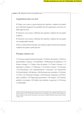 Referencial de Competências
97
Capítulo 4
Competências-chave no nível
Dirigiu com sucesso o gerenciamento dos requisitos e objetivos do projeto
para importantes programas e/ou portfólios de uma organização ou de uma uni-
dade organizacional.
Gerenciou com sucesso a deﬁnição dos requisitos e objetivos de um projeto
complexo.
Gerenciou com sucesso a deﬁnição dos requisitos e objetivos de um projeto
com complexidade limitada.
Tem o conhecimento necessário com relação ao gerenciamento dos requisitos
e objetivos do projeto e pode aplicá-lo.
Principais relações com
1.01 Sucesso no gerenciamento do projeto; 1.02 Partes interessadas; 1.04 Riscos:
oportunidades e ameaças; 1.05 Qualidade; 1.08 Resolução de problemas; 1.10
Escopo e entregas; 1.11 Tempo e fases do projeto; 1.13 Custos e ﬁnanças; 1.14
Aquisições e contratos; 1.15 Alterações; 1.16 Controle e reporte; 1.19 Iniciação;
1.20 Encerramento; 2.02 Comprometimento e motivação; 2.03 Autocontrole;
2.04 Assertividade; 2.06 Abertura; 2.08 Orientação para resultados; 2.14Valores;
2.15 Ética; 3.01 Orientação a Projetos; 3.02 Orientação a Programas; 3.03 Orien-
tação a portfólio; 3.05 Organização permanente; 3.06 Negócio; 3.07 Sistemas,
produtos e tecnologias; 3.09 Saúde, meio ambiente e segurança; 3.10 Finanças
e contabilidade.
4
EVMS: Earned Value Management System (Sistema para Gerenciamento de Valor Agregado); ROI: Return of In-
vestiment (Retorno sobre o Investimento); Balanced Scorecard: metodologia tipo painel de controle difundida por
Norton e Kaplan no início dos anos 1990 que tem como precursor o Tableau de Bord de Gestion (Guerny; Guiriec;
Lavregne, 1962).
Versão exclusiva p/ uso em Instituções de Ensino
 