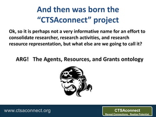 www.ctsaconnect.org CTSAconnect
Reveal Connections. Realize Potential.
And then was born the
“CTSAconnect” project
Ok, so it is perhaps not a very informative name for an effort to
consolidate researcher, research activities, and research
resource representation, but what else are we going to call it?
ARG! The Agents, Resources, and Grants ontology
 