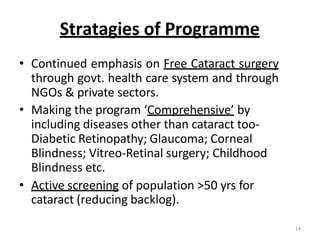 14
Stratagies of Programme
• Continued emphasis on Free Cataract surgery
through govt. health care system and through
NGOs & private sectors.
• Making the program ‘Comprehensive’ by
including diseases other than cataract too-
Diabetic Retinopathy; Glaucoma; Corneal
Blindness; Vitreo-Retinal surgery; Childhood
Blindness etc.
• Active screening of population >50 yrs for
cataract (reducing backlog).
 