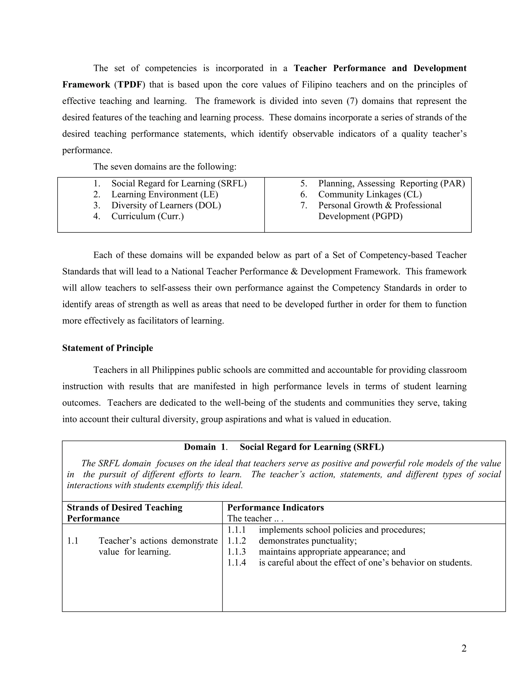 The set of competencies is incorporated in a Teacher Performance and Development
Framework (TPDF) that is based upon the core values of Filipino teachers and on the principles of
effective teaching and learning. The framework is divided into seven (7) domains that represent the
desired features of the teaching and learning process. These domains incorporate a series of strands of the
desired teaching performance statements, which identify observable indicators of a quality teacher’s
performance.
        The seven domains are the following:
        1.   Social Regard for Learning (SRFL)                  5.   Planning, Assessing Reporting (PAR)
        2.   Learning Environment (LE)                          6.   Community Linkages (CL)
        3.   Diversity of Learners (DOL)                        7.   Personal Growth & Professional
        4.   Curriculum (Curr.)                                      Development (PGPD)



        Each of these domains will be expanded below as part of a Set of Competency-based Teacher
Standards that will lead to a National Teacher Performance & Development Framework. This framework
will allow teachers to self-assess their own performance against the Competency Standards in order to
identify areas of strength as well as areas that need to be developed further in order for them to function
more effectively as facilitators of learning.

Statement of Principle

        Teachers in all Philippines public schools are committed and accountable for providing classroom
instruction with results that are manifested in high performance levels in terms of student learning
outcomes. Teachers are dedicated to the well-being of the students and communities they serve, taking
into account their cultural diversity, group aspirations and what is valued in education.

                                 Domain 1.      Social Regard for Learning (SRFL)
     The SRFL domain focuses on the ideal that teachers serve as positive and powerful role models of the value
 in the pursuit of different efforts to learn. The teacher’s action, statements, and different types of social
 interactions with students exemplify this ideal.

 Strands of Desired Teaching            Performance Indicators
 Performance                            The teacher .. .
                                        1.1.1 implements school policies and procedures;
 1.1      Teacher’s actions demonstrate 1.1.2 demonstrates punctuality;
          value for learning.           1.1.3 maintains appropriate appearance; and
                                        1.1.4 is careful about the effect of one’s behavior on students.




                                                                                                         2
 