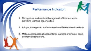 Performance Indicator: 
1. Recognizes multi-cultural background of learners when 
providing learning opportunities 
2. Ado...
