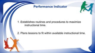 Performance Indicator 
1 .Establishes routines and procedures to maximize 
instructional time. 
2. Plans lessons to fit wi...