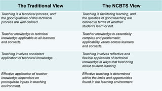 The Traditional View The NCBTS View 
Teaching is a technical process, and 
the good qualities of this technical 
process a...