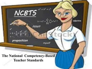 NCBTS
𝑥 + 𝑎 𝑛
=
𝑘=0
𝑛
𝑛
𝑘
𝑥 𝑘
𝑎 𝑛−𝑘
𝑎2 + 𝑏2 = 𝑐2
noun
adjective
𝒆 𝒙
= 𝟏 +
𝒙
𝟏!
+
𝒙 𝟐
𝟐!
+
𝒙 𝟑
𝟑!
+ ⋯ ,
myself
The National Competency-Based
Teacher Standards
preposition
 