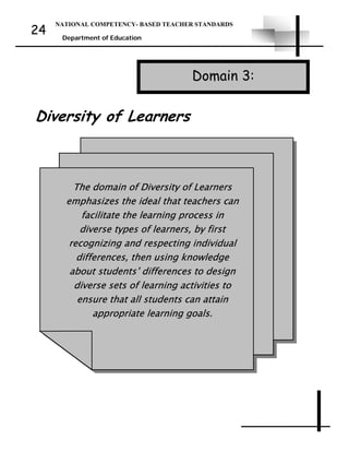 NATIONAL COMPETENCY- BASED TEACHER STANDARDS
Department of Education
24
Domain 3:
The domain of Diversity of Learners
emphasizes the ideal that teachers can
facilitate the learning process in
diverse types of learners, by first
recognizing and respecting individual
differences, then using knowledge
about students’ differences to design
diverse sets of learning activities to
ensure that all students can attain
appropriate learning goals.
Diversity of Learners
 