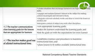 National Competency-Based Teacher Standards
• creates situations that encourage learners to use high order thinking
skills;
• engages and sustains learners' interest in the subject by making
content meaningful and relevant to them;
• integrates relevant scholarly works and ideas to enrich the lesson as
needed; and
•intergrates content of subject area with other disciplines..
4.2 The teacher communications
clear learning goals for the lessons
that are appropriate for learners.
• sets appropriate learning goals;
•makes the learners understand the learning goals; and
•link the goals set with the expectations for every learner.
4.3 The teacher makes good use
of alloted instructional time.
• establishes routines and procedures to maximize
instructional time; and
• plans lessons to fit within available instructional time.
 