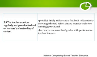 National Competency-Based Teacher Standards
5.3 The teacher monitors
regularly and provides feedback
on learners' understanding of
content.
• provides timely and accurate feedback to learners to
encourage them to reflect on and monitor their own
learning growth; and
• keeps accurate records of grades with performance
levels of learners.
 