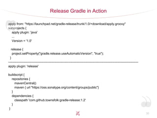30
Release Gradle in Action
apply from: "https://launchpad.net/gradle-release/trunk/1.0/+download/apply.groovy"
subprojects {
apply plugin: 'java'
...
Version = '1.0'
release {
project.setProperty("gradle.release.useAutomaticVersion", "true");
}
–---------------------------------------------------------------------------------------------------------------------------
apply plugin: 'release'
buildscript {
repositories {
mavenCentral()
maven { url "https://oss.sonatype.org/content/groups/public"}
}
dependencies {
classpath 'com.github.townsfolk:gradle-release:1.2'
}
}
 