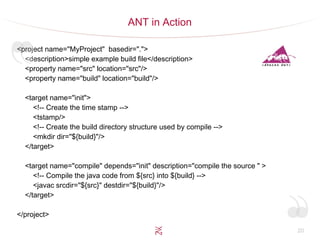 20
ANT in Action
<project name="MyProject" basedir=".">
<description>simple example build file</description>
<property name="src" location="src"/>
<property name="build" location="build"/>
<target name="init">
<!-- Create the time stamp -->
<tstamp/>
<!-- Create the build directory structure used by compile -->
<mkdir dir="${build}"/>
</target>
<target name="compile" depends="init" description="compile the source " >
<!-- Compile the java code from ${src} into ${build} -->
<javac srcdir="${src}" destdir="${build}"/>
</target>
</project>
 